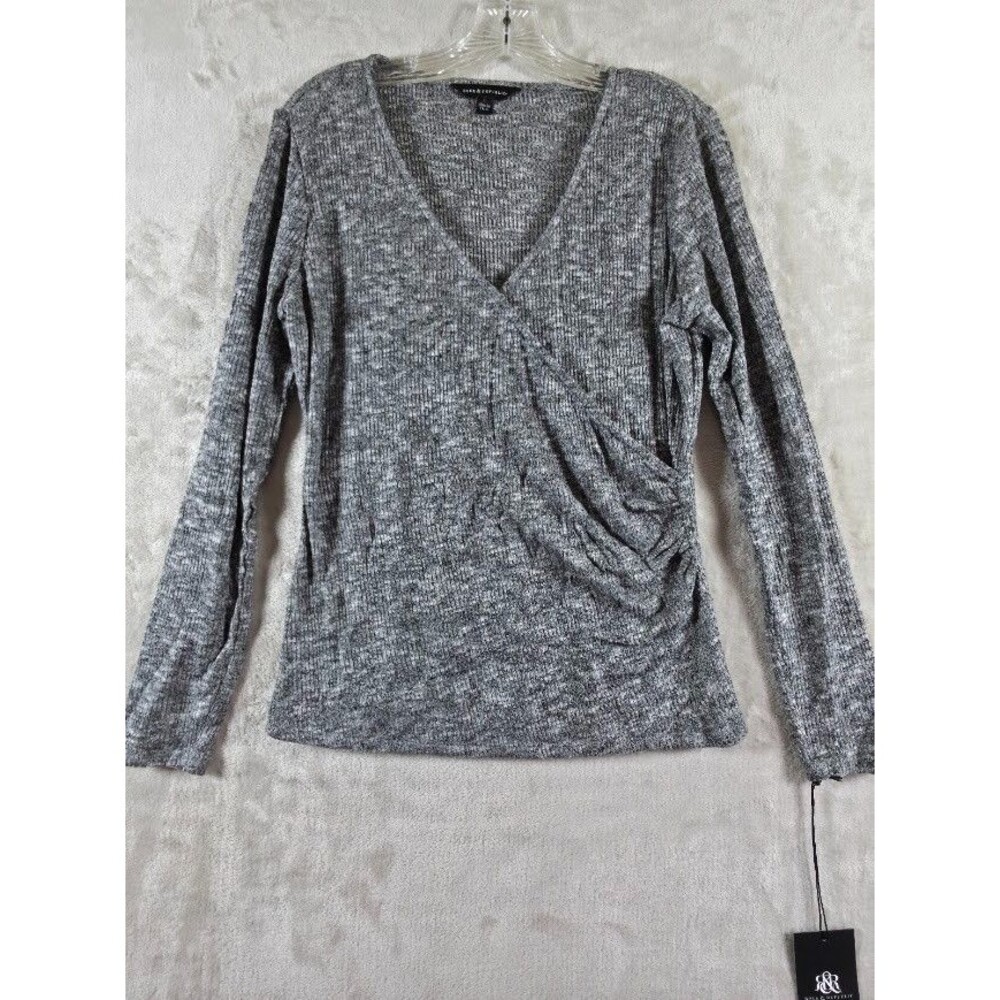 Rock & Republic Sz L Side Ruched Surplus Sweater Heather Grey Black Modesty Snap